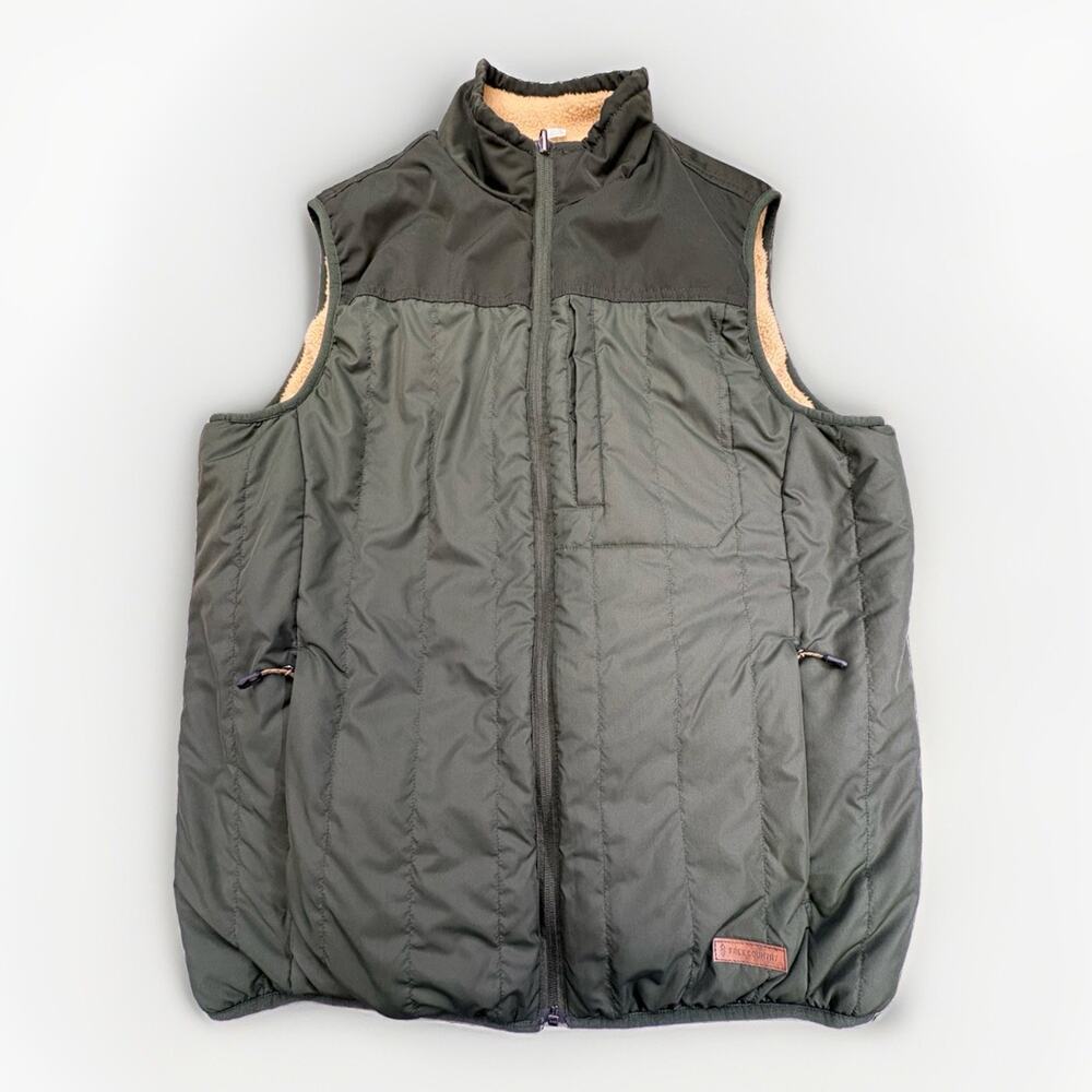 Free Country Men's Puffer Vest Medium Olive Green Reversible Tan Fleece Warm EUC